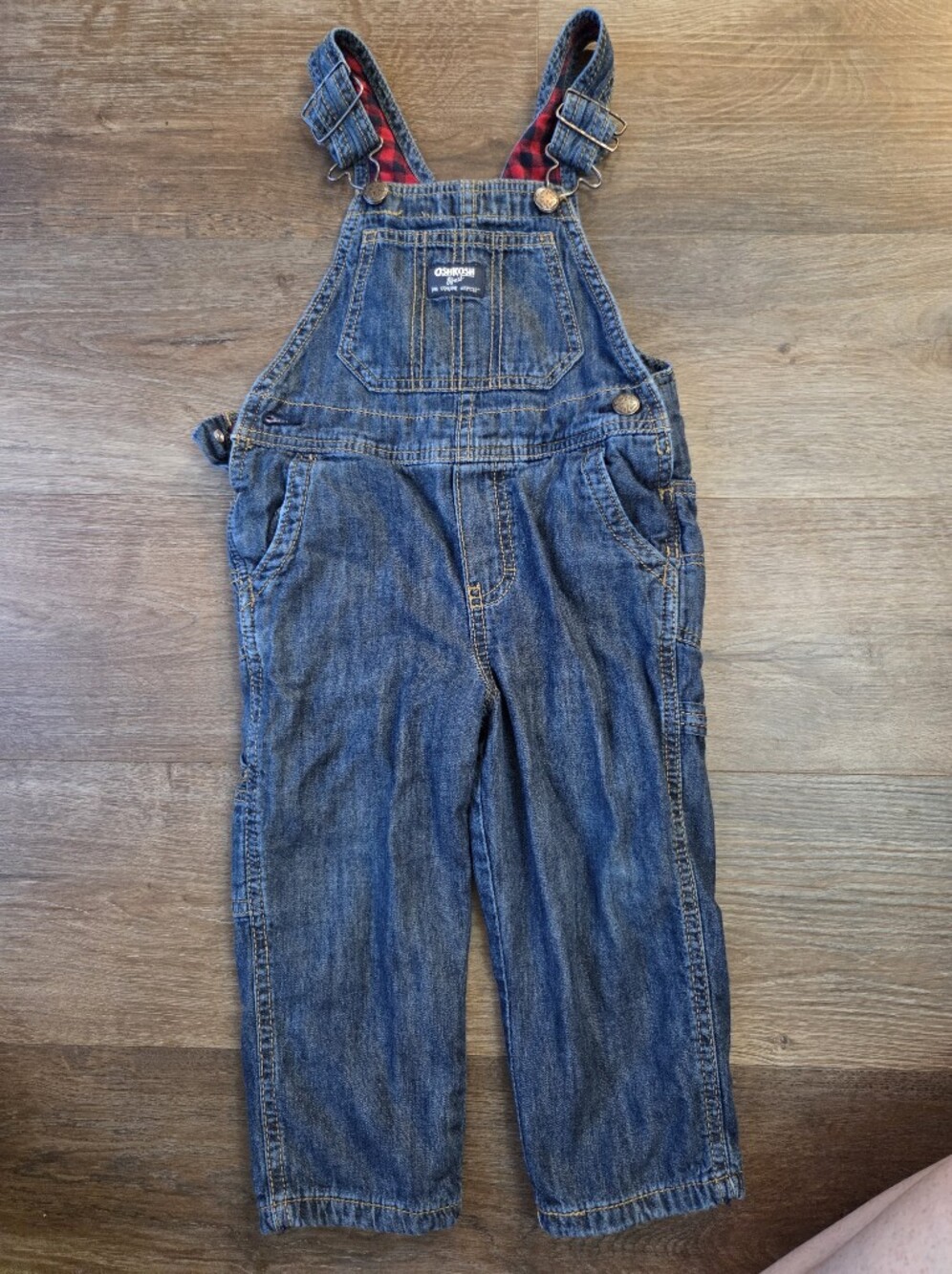 OshKosh B'Gosh Jean Bibs Overalls Flannel Lined Red Plaid Boys size 3T